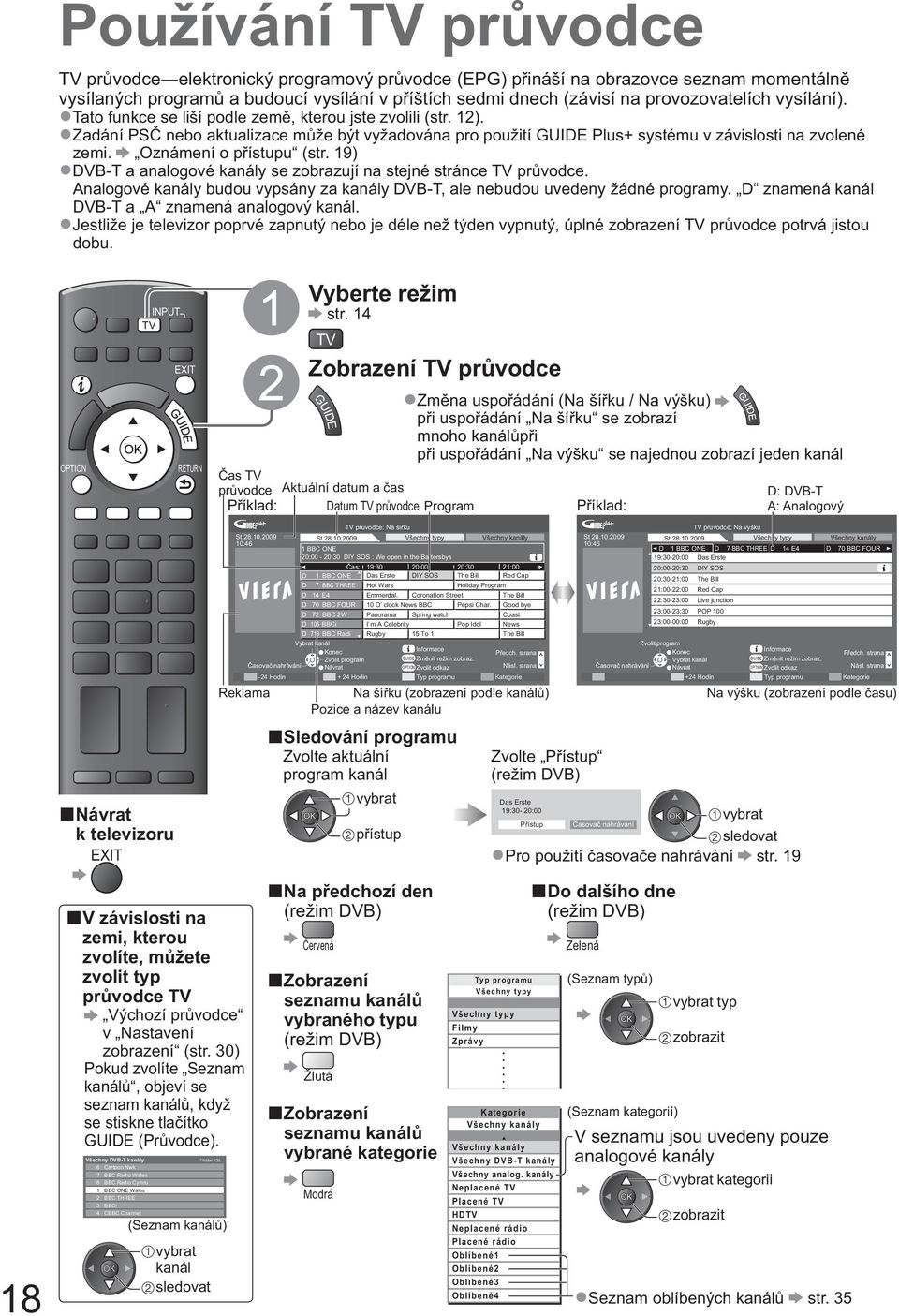 19) DVB-T a analogové kanály se zobrazují na stejné stránce TV pr vodce. Analogové kanály budou vypsány za kanály DVB-T, ale nebudou uvedeny žádné programy.