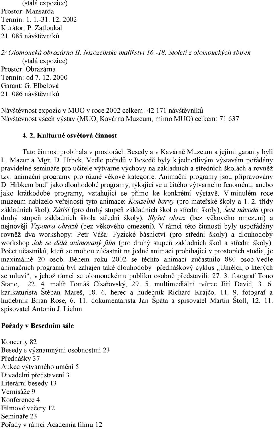 086 návštěvníků Návštěvnost expozic v MUO v roce 2002 celkem: 42 171 návštěvníků Návštěvnost všech výstav (MUO, Kavárna Muzeum, mimo MUO) celkem: 71 637 4. 2. Kulturně osvětová činnost Tato činnost probíhala v prostorách Besedy a v Kavárně Muzeum a jejími garanty byli L.