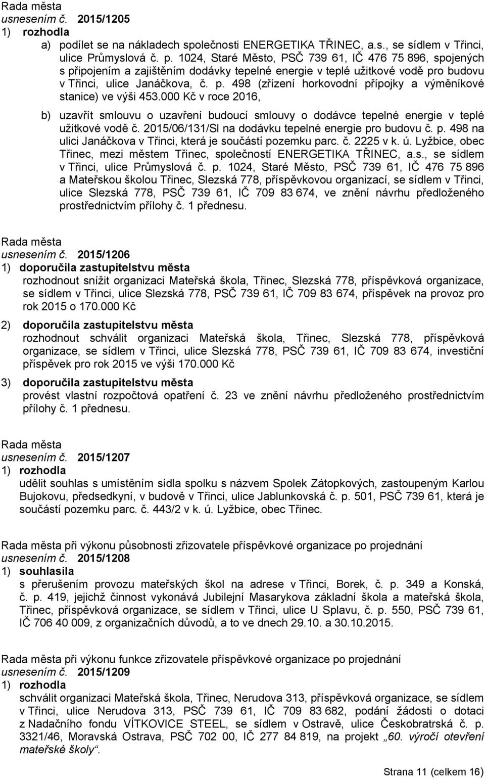 2015/06/131/Sl na dodávku tepelné energie pro budovu č. p. 498 na ulici Janáčkova v Třinci, která je součástí pozemku parc. č. 2225 v k. ú.