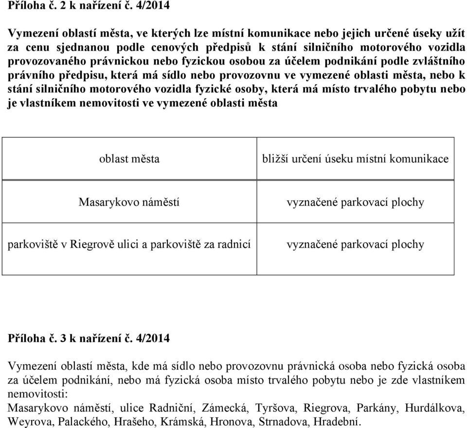 nebo fyzickou osobou za účelem podnikání podle zvláštního právního předpisu, která má sídlo nebo provozovnu ve vymezené oblasti města, nebo k stání silničního motorového vozidla fyzické osoby, která