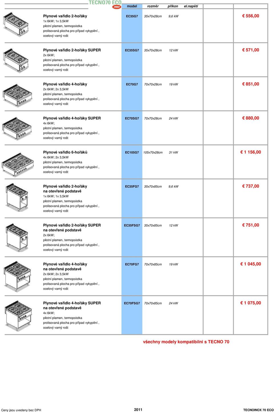 70x70x28cm 19 kw 851,00 2x 6kW; 2x 3,5kW # Plynové vařidlo 4-hořáky SUPER EC70SG7 70x70x28cm 24 kw 880,00 4x 6kW; # Plynové vařidlo 6-hořáků EC105G7 105x70x28cm 31 kw 1 156,00 4x 6kW; 2x 3,5kW #