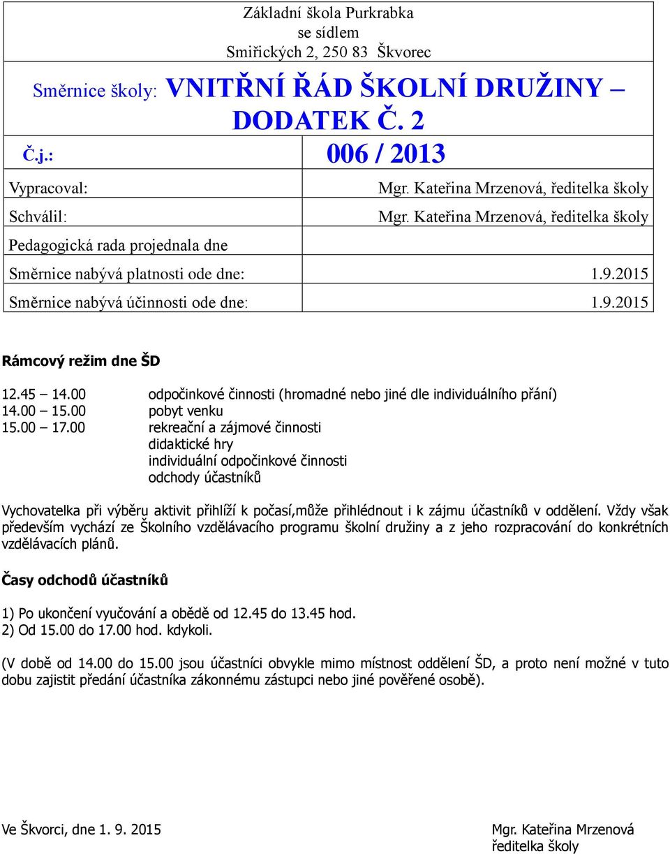 00 odpočinkové činnosti (hromadné nebo jiné dle individuálního přání) 14.00 15.00 pobyt venku 15.00 17.