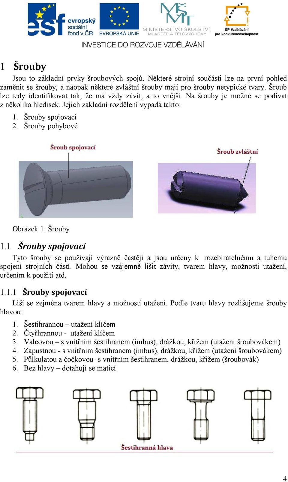Šrouby pohybové Obrázek 1: Šrouby 1.1 Šrouby spojovací Tyto šrouby se používají výrazně častěji a jsou určeny k rozebíratelnému a tuhému spojení strojních částí.