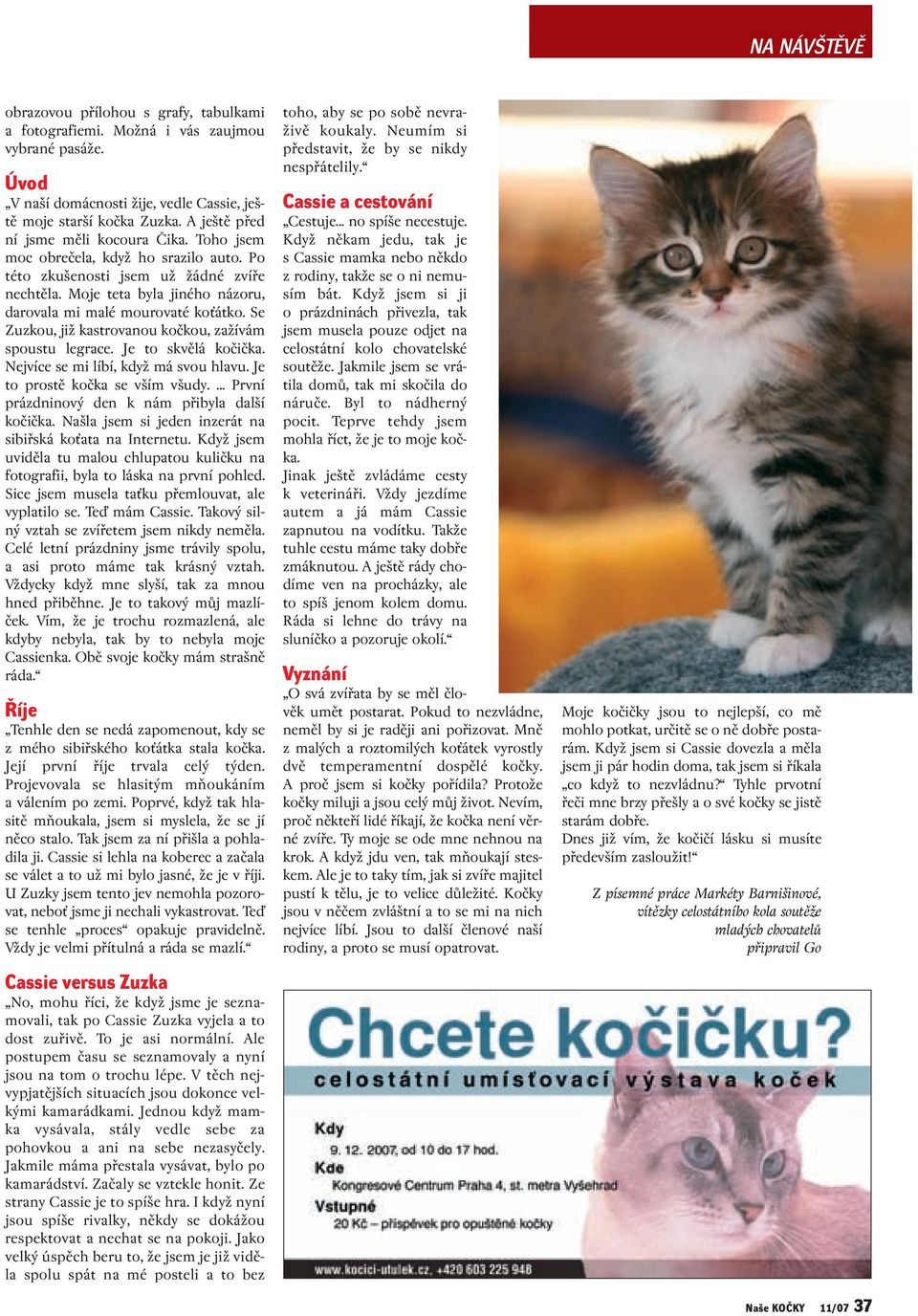 Moje teta byla jiného názoru, darovala mi malé mourovaté koèátko. Se Zuzkou, jiï kastrovanou koãkou, zaïívám spoustu legrace. Je to skvûlá koãiãka. Nejvíce se mi líbí, kdyï má svou hlavu.