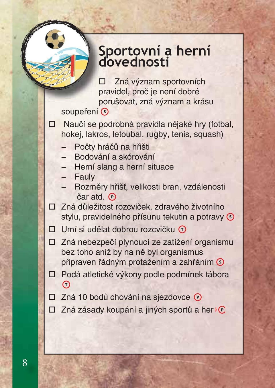 Zná důležitost rozcviček, zdravého životního stylu, pravidelného přísunu tekutin a potravy Umí si udělat dobrou rozcvičku Zná nebezpečí plynoucí ze zatížení organismu bez toho