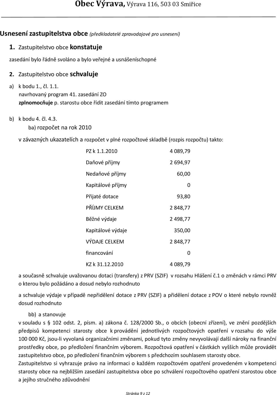 ba) rozpočet na rok 2010