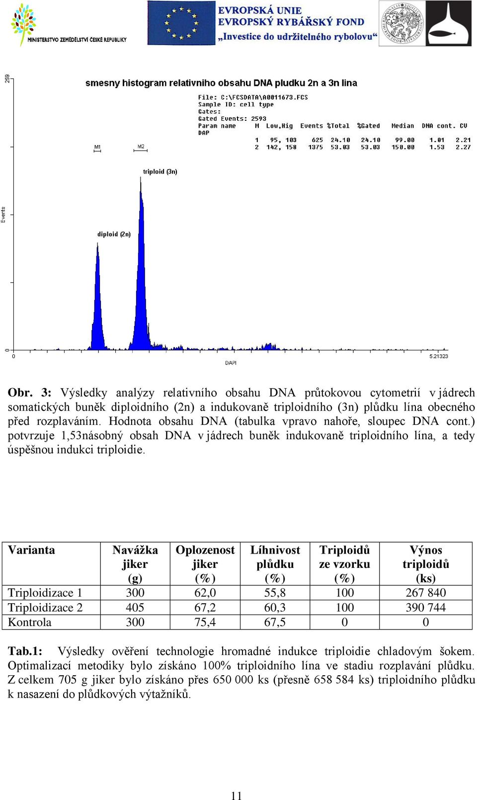 Varianta Navážka jiker (g) Oplozenost jiker (%) Líhnivost plůdku (%) Triploidů ze vzorku (%) Výnos triploidů (ks) Triploidizace 1 300 62,0 55,8 100 267 840 Triploidizace 2 405 67,2 60,3 100 390 744