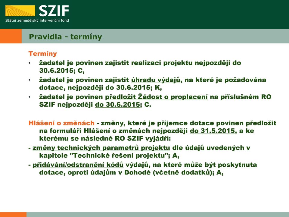 2015; K, žadatel je povinen předložit Žádost o proplacení na příslušném RO SZIF nejpozději do 30.6.2015; C.