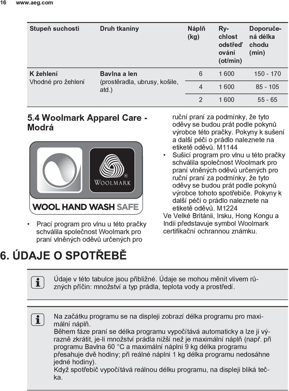 ÚDAJE O SPOTŘEBĚ ruční praní za podmínky, že tyto oděvy se budou prát podle pokynů výrobce této pračky. Pokyny k sušení a další péči o prádlo naleznete na etiketě oděvů.