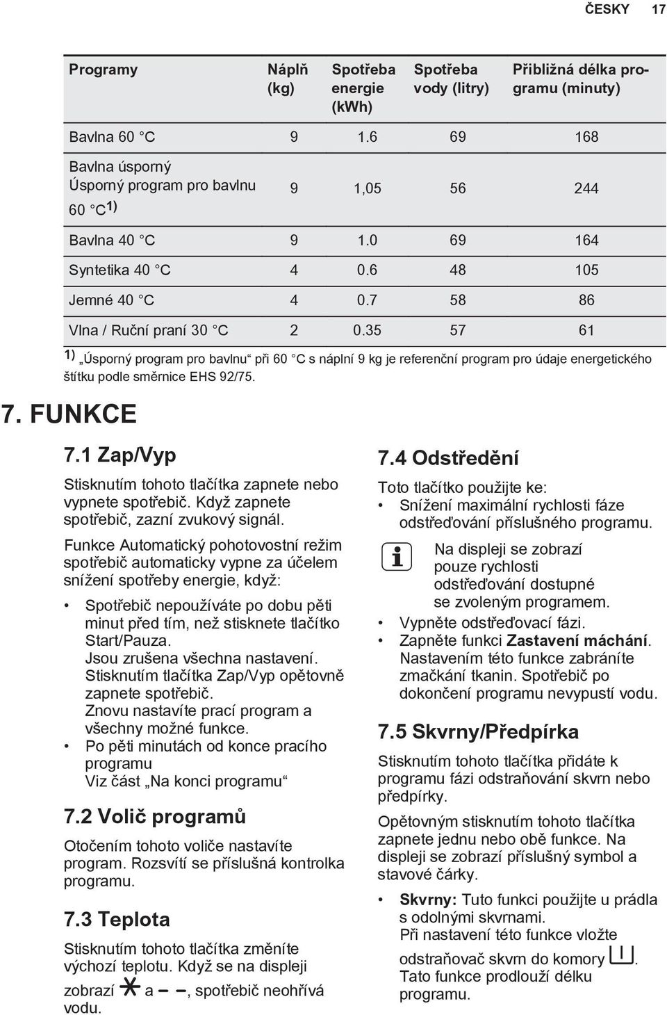 35 57 61 1) Úsporný program pro bavlnu při 60 C s náplní 9 kg je referenční program pro údaje energetického štítku podle směrnice EHS 92/75. 7. FUNKCE 7.