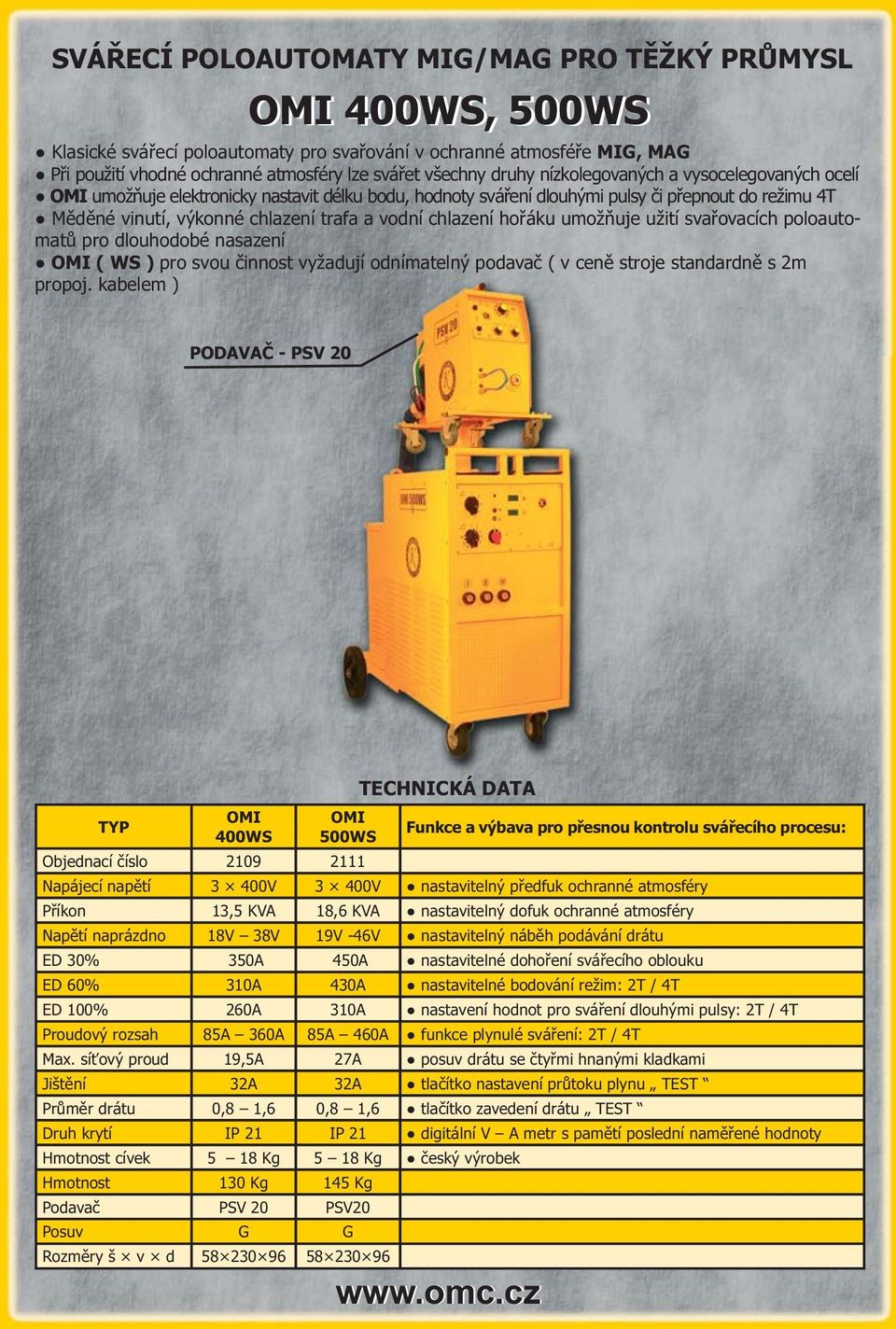 chlazení hořáku umožňuje užití svařovacích poloautomatů pro dlouhodobé nasazení OMI ( WS ) pro svou činnost vyžadují odnímatelný podavač ( v ceně stroje standardně s 2m propoj.