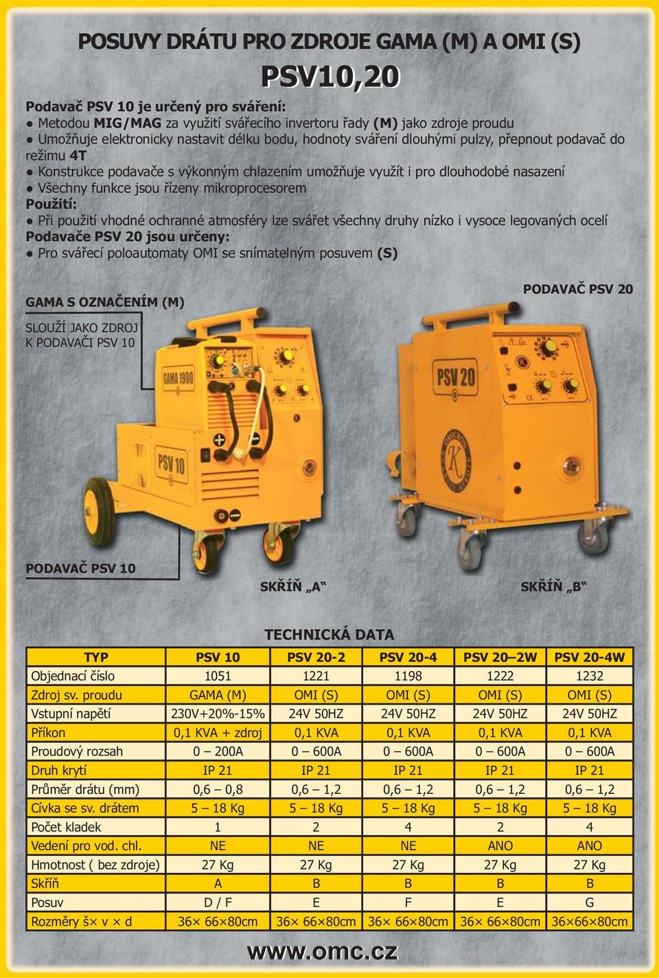 Použití: Při použití vhodné ochranné atmosféry lze svářet všechny druhy nízko i vysoce legovaných ocelí Podavače PSV 20 jsou určeny: Pro svářecí poloautomaty OMI se snímatelným posuvem (S) GAMA S