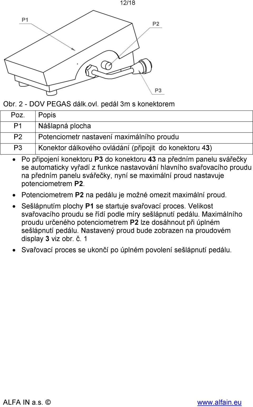 automaticky vyřadí z funkce nastavování hlavního svařovacího proudu na předním panelu svářečky, nyní se maximální proud nastavuje potenciometrem P2.