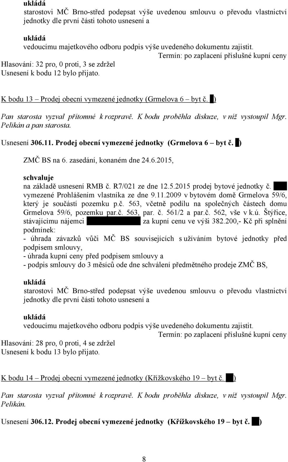 ) K bodu proběhla diskuze, v níž vystoupil Mgr. Pelikán a pan starosta. Usnesení 306.11. Prodej obecní vymezené jednotky (Grmelova 6 byt č. ) na základě usnesení RMB č. R7/021 ze dne 12.5.