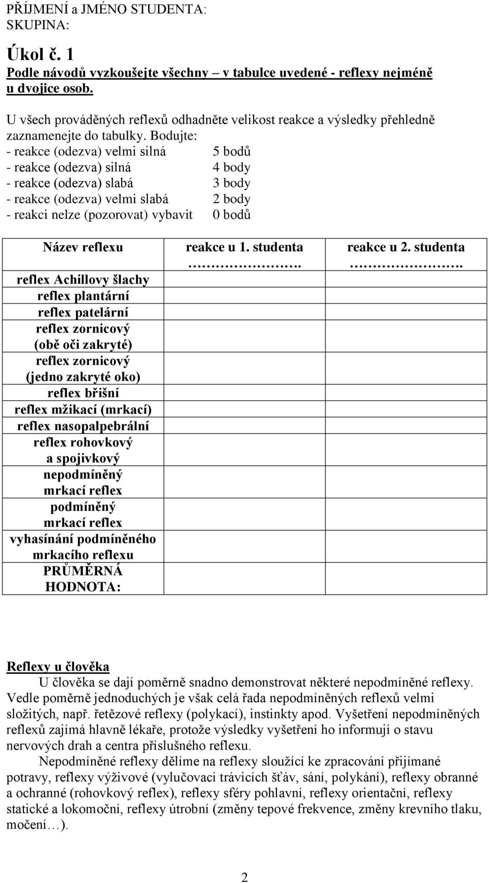 reflexu reflex Achillovy šlachy reflex plantární reflex patelární reflex zornicový (obě oči zakryté) reflex zornicový (jedno zakryté oko) reflex břišní reflex mţikací (mrkací) reflex nasopalpebrální