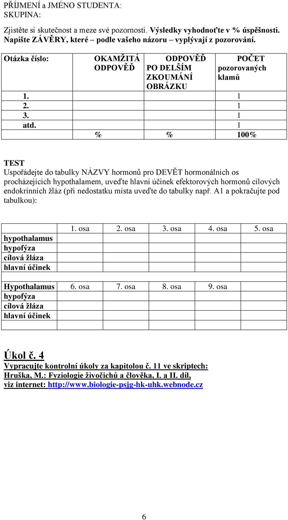 1 % % 100% TEST Uspořádejte do tabulky NÁZVY hormonů pro DEVĚT hormonálních os procházejících hypothalamem, uveďte hlavní účinek efektorových hormonů cílových endokrinních žláz (při nedostatku místa