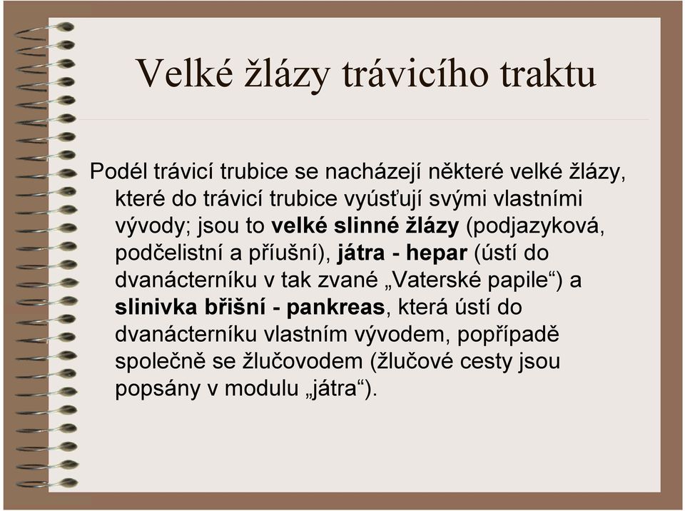 játra - hepar (ústí do dvanácterníku v tak zvané Vaterské papile ) a slinivka břišní -pankreas, která ústí