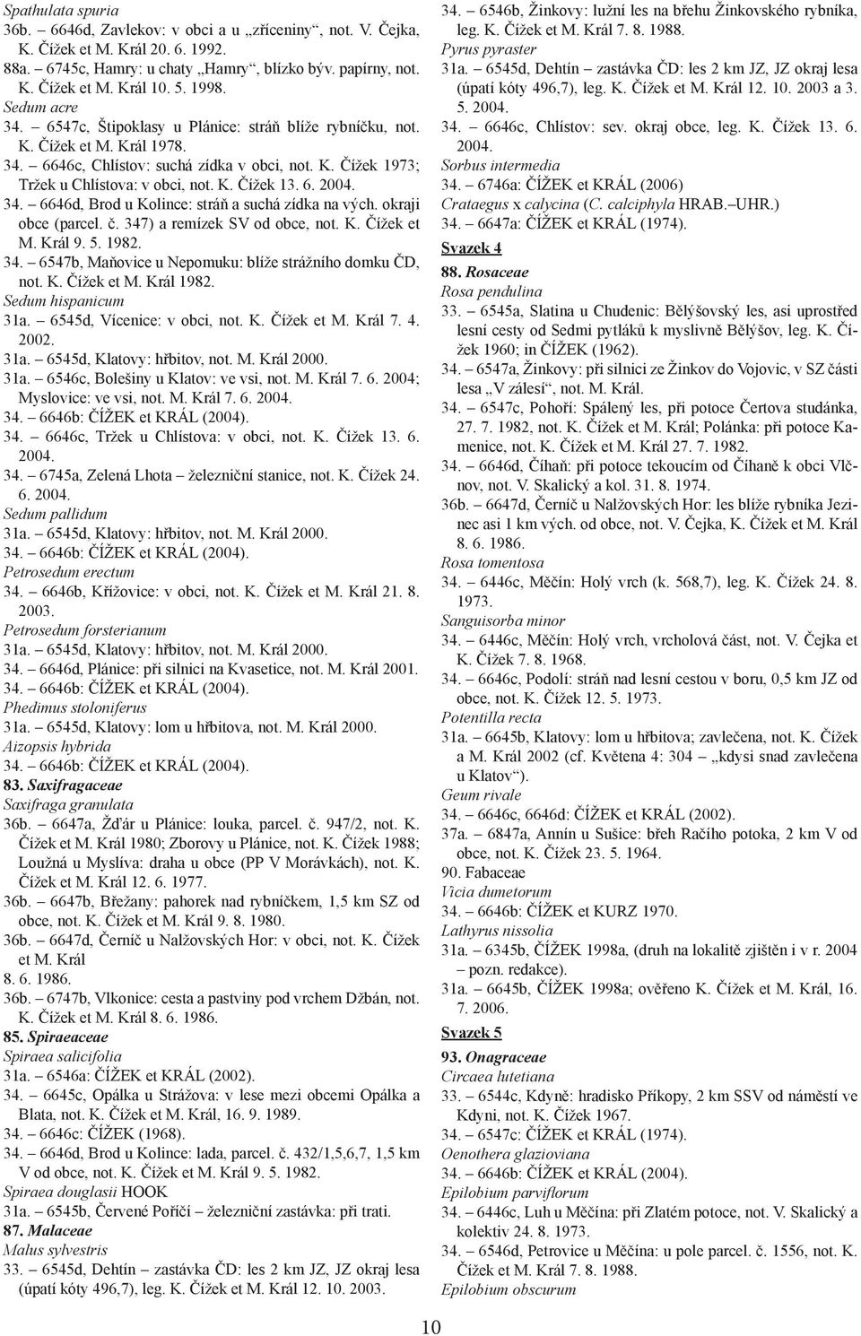 6. 2004. 34. 6646d, Brod u Kolince: stráň a suchá zídka na vých. okraji obce (parcel. č. 347) a remízek SV od obce, not. K. Čížek et M. Král 9. 5. 1982. 34. 6547b, Maňovice u Nepomuku: blíže strážního domku ČD, not.