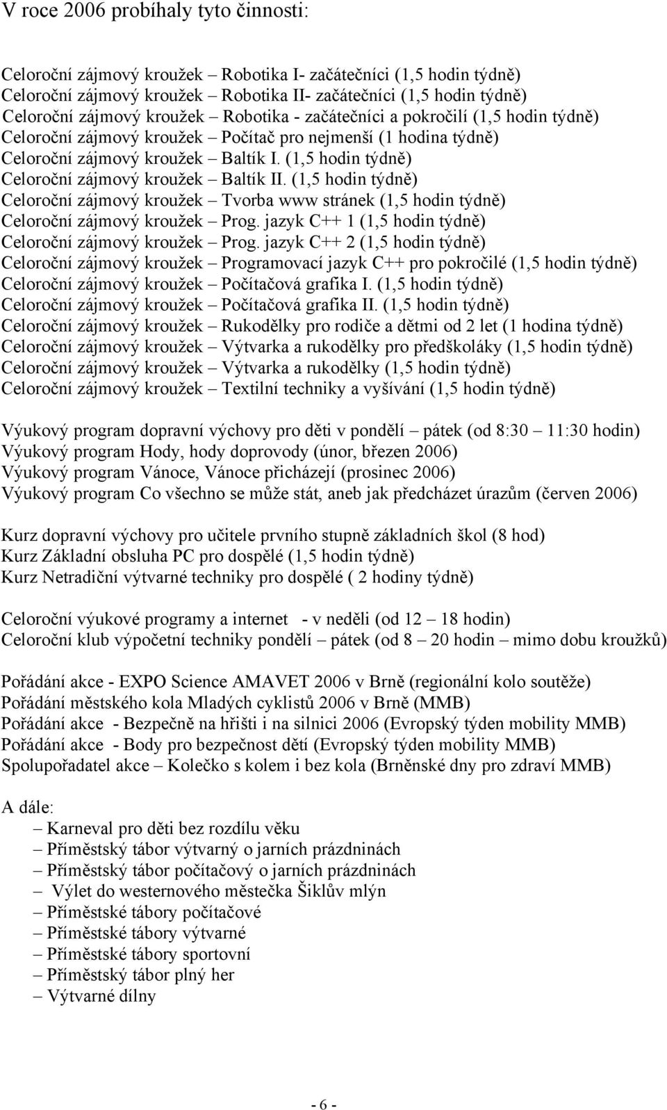 (1,5 hodin týdně) Celoroční zájmový kroužek Baltík II. (1,5 hodin týdně) Celoroční zájmový kroužek Tvorba www stránek (1,5 hodin týdně) Celoroční zájmový kroužek Prog.