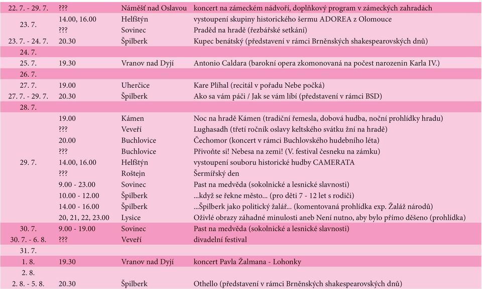 30 Vranov nad Dyjí Antonio Caldara (barokní opera zkomonovaná na počest narozenin Karla IV.) 26. 7. 27. 7. 19.00 Uherčice Kare Plíhal (recitál v pořadu Nebe počká) 27. 7. - 29. 7. 20.