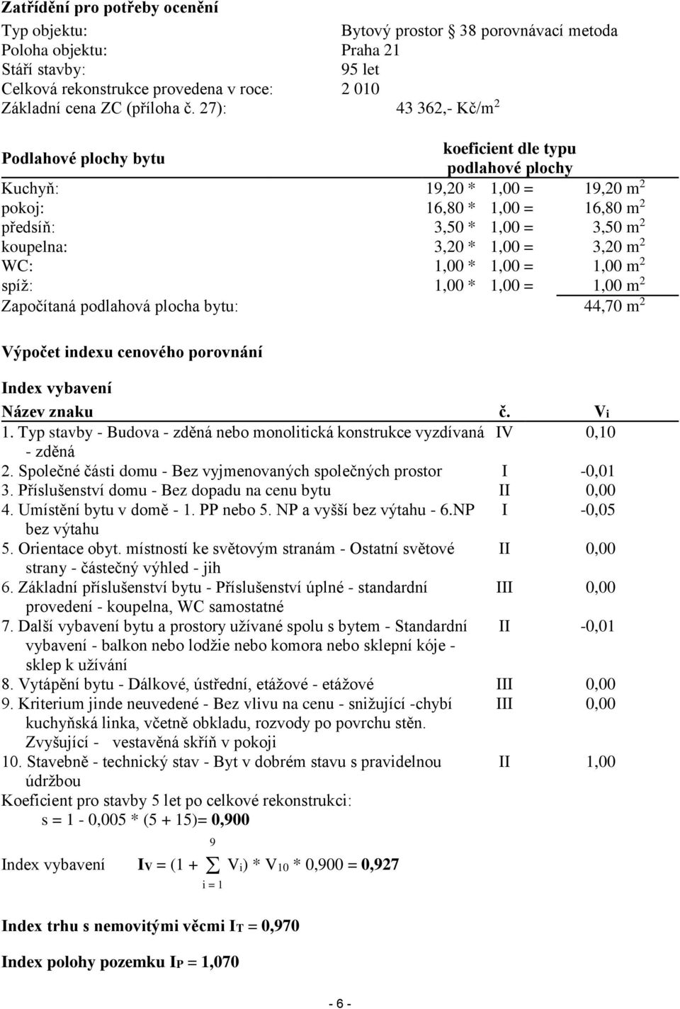 = 3,20 m 2 WC: 1,00 * 1,00 = 1,00 m 2 spíž: 1,00 * 1,00 = 1,00 m 2 Započítaná podlahová plocha bytu: 44,70 m 2 Výpočet indexu cenového porovnání Index vybavení Název znaku č. Vi 1.