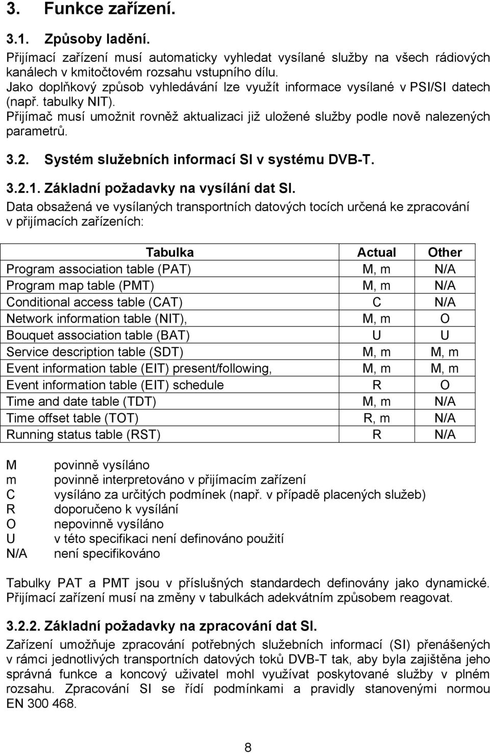 Systém služebních informací SI v systému DVB-T. 3.2.1. Základní požadavky na vysílání dat SI.