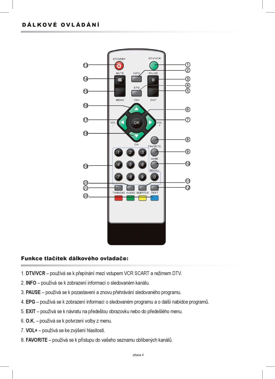 EPG používá se k zobrazení informací o sledovaném programu a o další nabídce programů. 5.