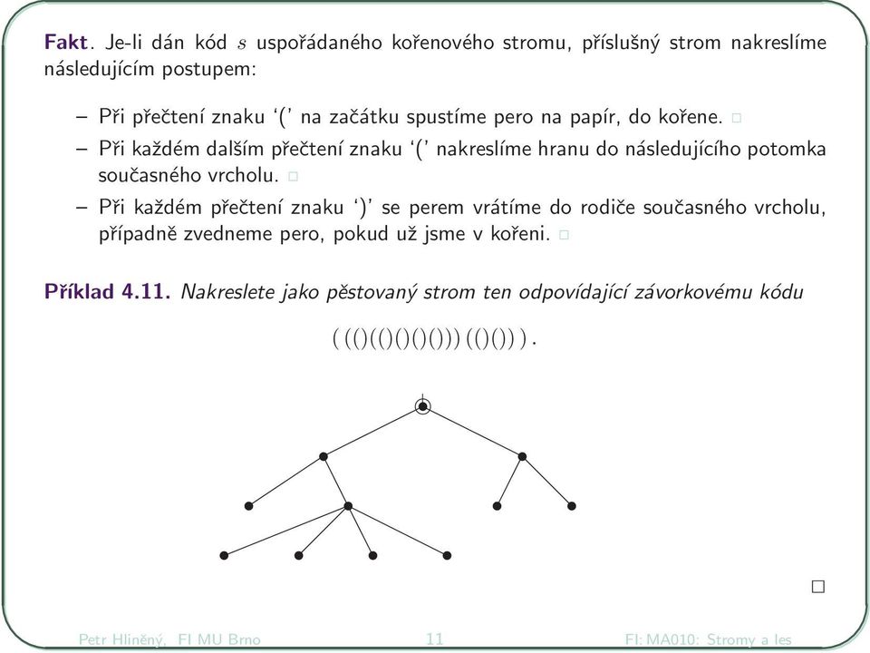 Při každém přečtení znaku ) se perem vrátíme do rodiče současného vrcholu, případně zvedneme pero, pokud už jsme v kořeni. Příklad 4.11.