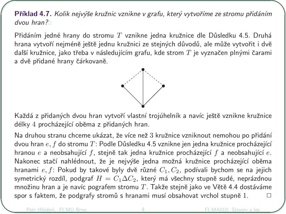 čárkovaně. Každá z přidaných dvou hran vytvoří vlastní trojúhelník a navíc ještě vznikne kružnice délky 4 procházející oběma z přidaných hran.