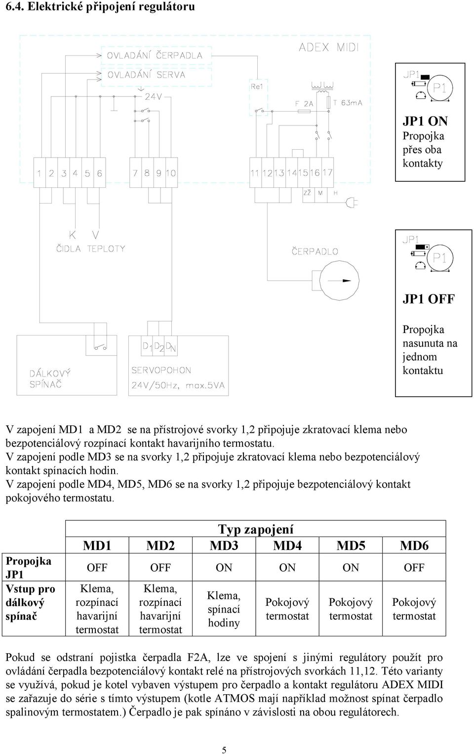 V zapojení podle MD4, MD5, MD6 se na svorky 1,2 připojuje bezpotenciálový kontakt pokojového u.