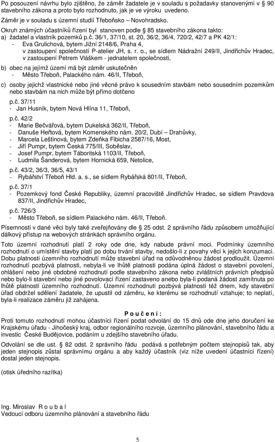 20, 36/2, 36/4, 720/2, 42/7 a PK 42/1: - Eva Grulichová, bytem Jižní 2148/6, Praha 4, v zastoupení společností P-atelier JH, s. r. o.