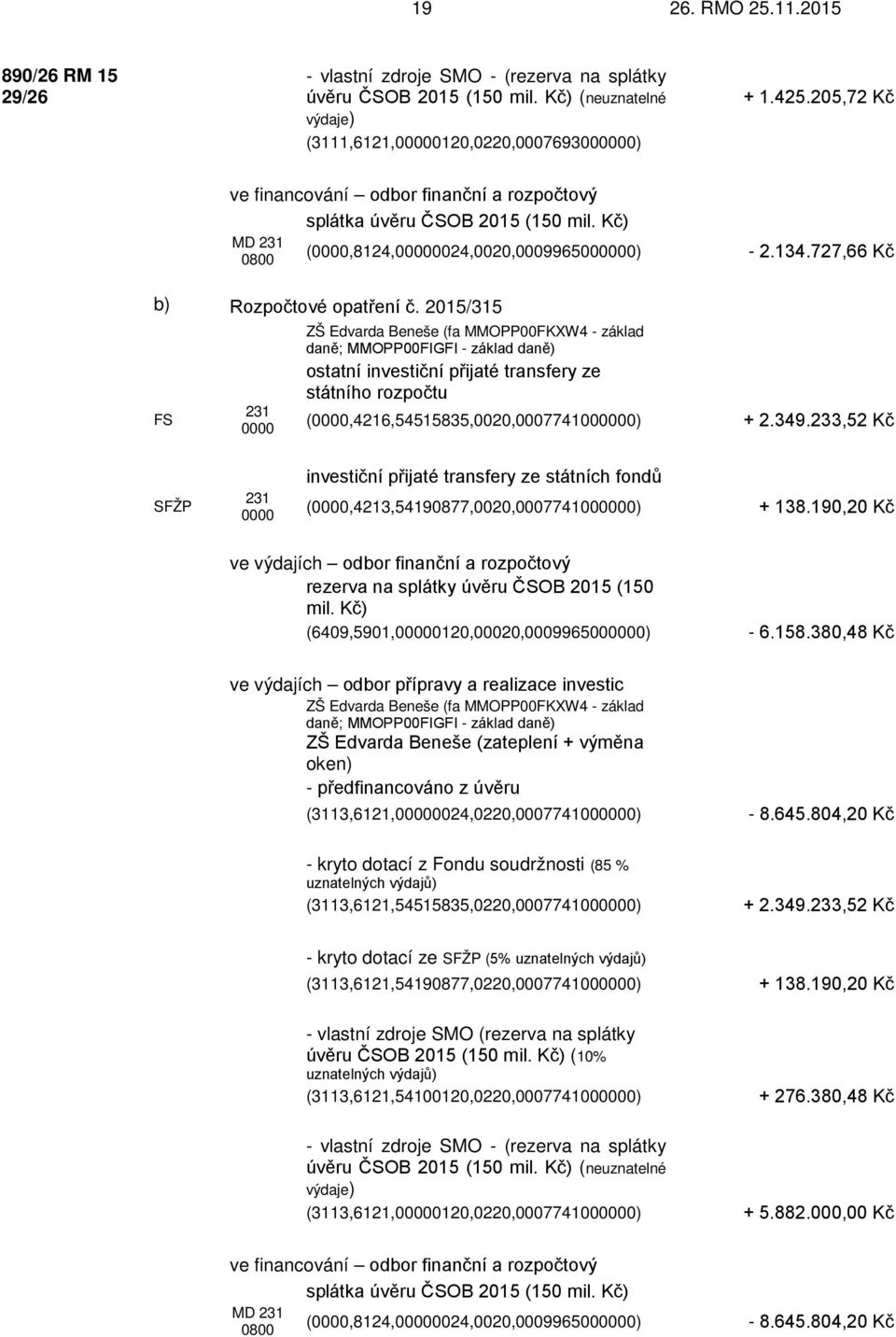 2015/315 FS 231 0000 ZŠ Edvarda Beneše (fa MMOPP00FKXW4 - základ daně; MMOPP00FIGFI - základ daně) ostatní investiční přijaté transfery ze státního rozpočtu (0000,4216,54515835,0020,0007741000000) +