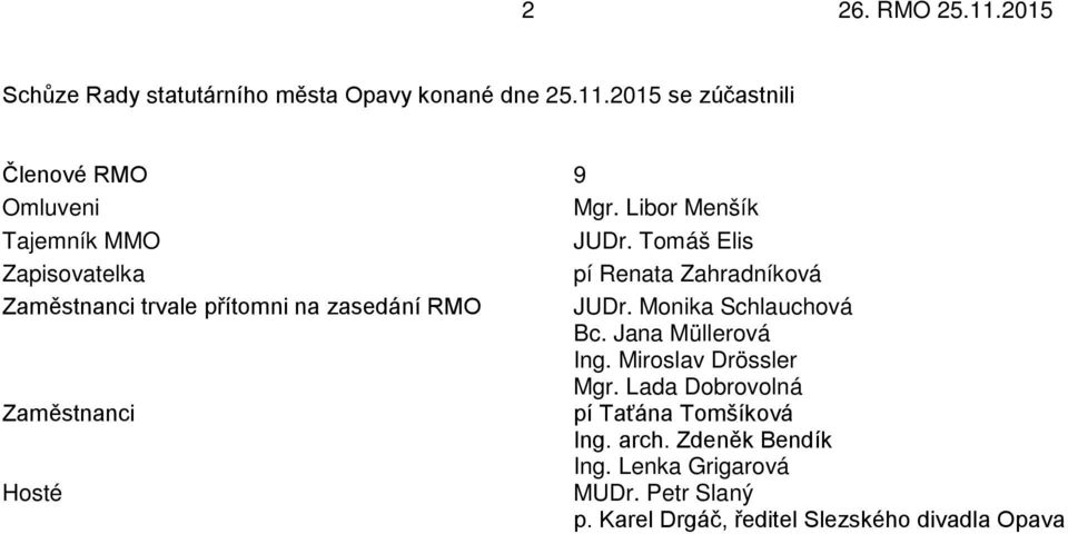 Tomáš Elis Zapisovatelka pí Renata Zahradníková Zaměstnanci trvale přítomni na zasedání RMO JUDr. Monika Schlauchová Bc.