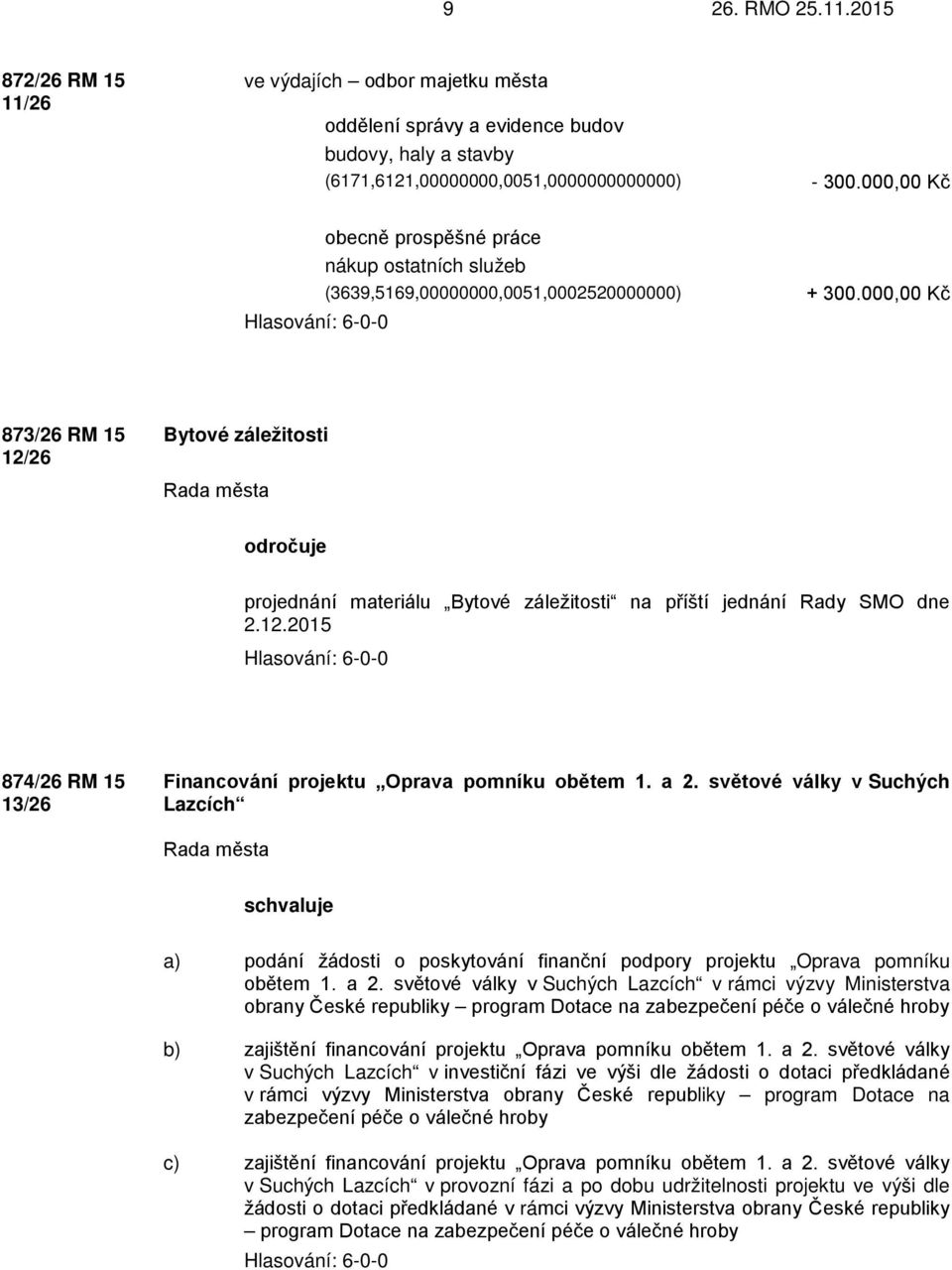 000,00 Kč 873/26 RM 15 12/26 Bytové záležitosti odročuje projednání materiálu Bytové záležitosti na příští jednání Rady SMO dne 2.12.2015 874/26 RM 15 13/26 Financování projektu Oprava pomníku obětem 1.