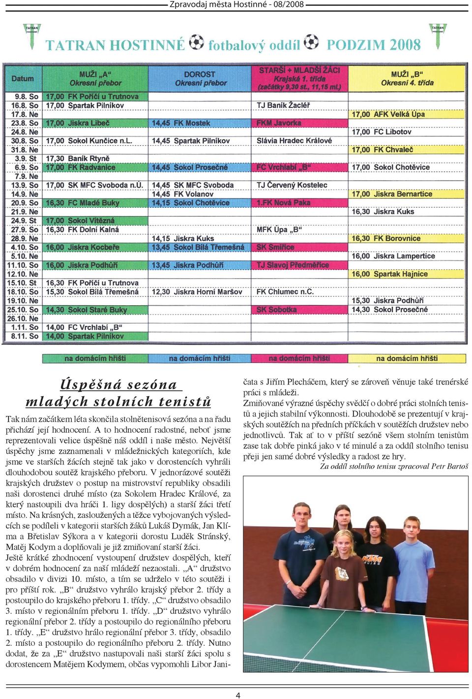 Tak ať to v příští sezóně všem stolním tenistům zase tak dobře pinká jako v té minulé a za oddíl stolního tenisu přeji jen samé dobré výsledky a radost ze hry.