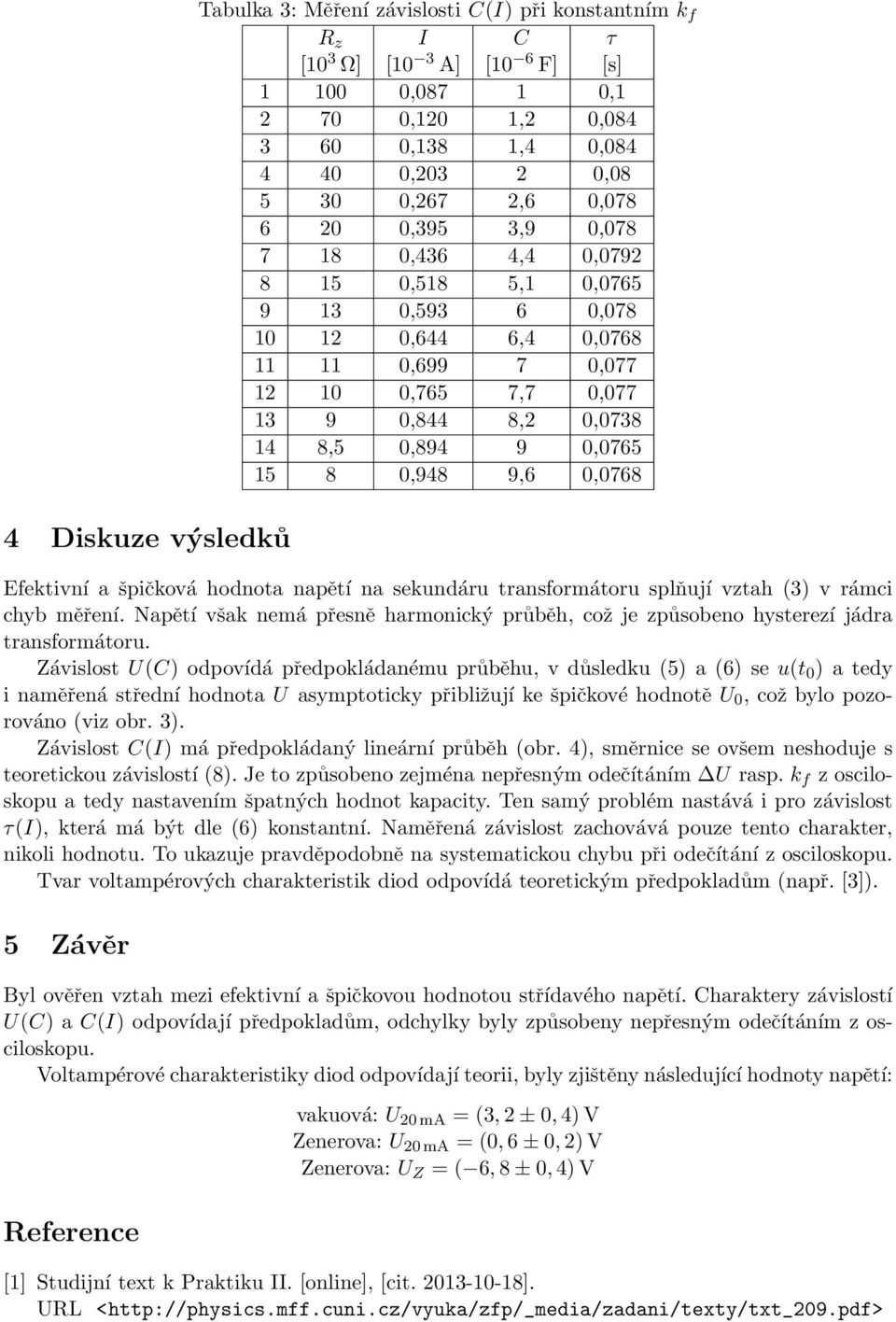 9 0,0765 15 8 0,948 9,6 0,0768 Efektivní a špičková hodnota napětí na sekundáru transformátoru splňují vztah (3) v rámci chyb měření.