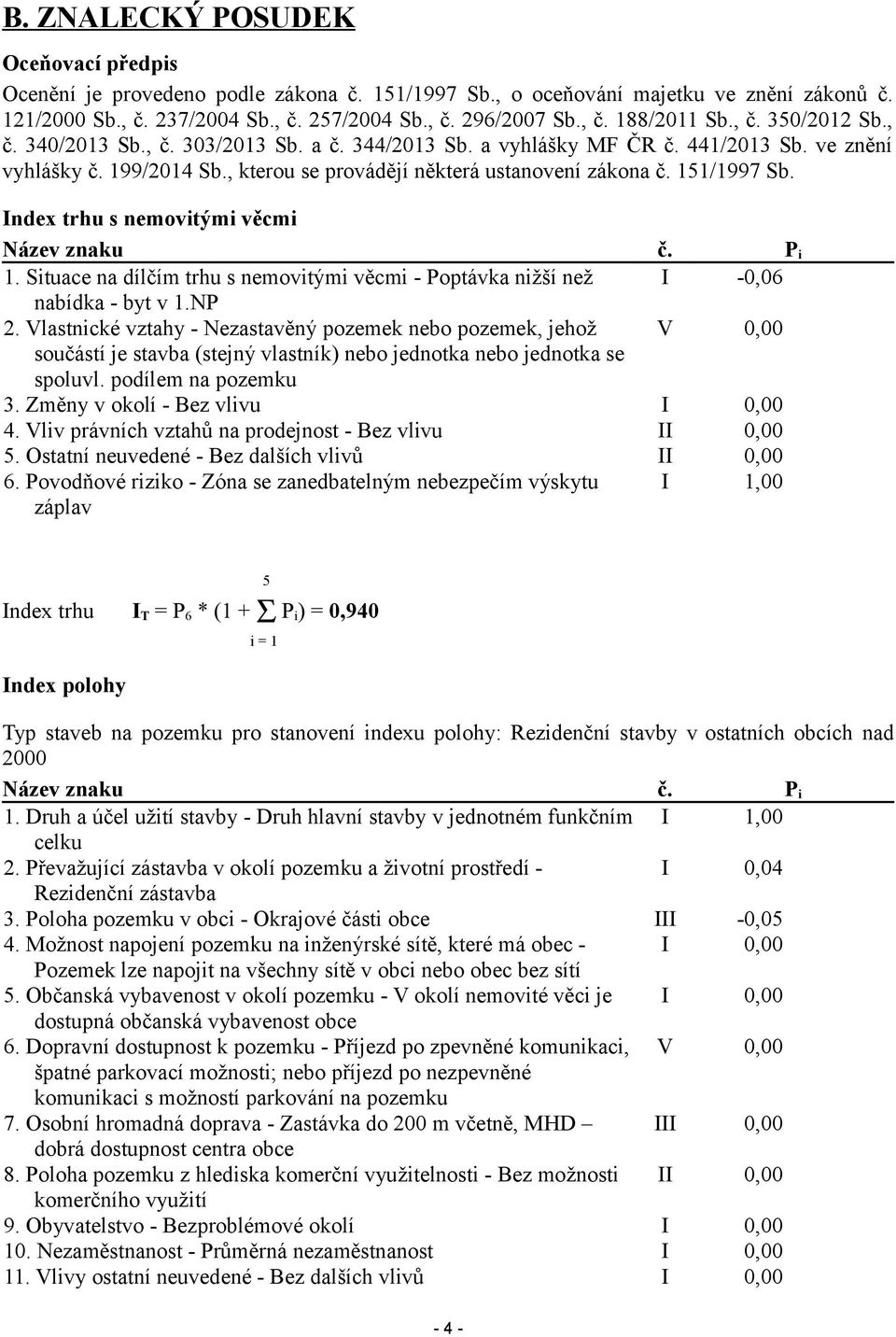 Index trhu s nemovitými věcmi Název znaku č. P i 1. Situace na dílčím trhu s nemovitými věcmi - Poptávka nižší než I -0,06 nabídka - byt v 1.NP 2.