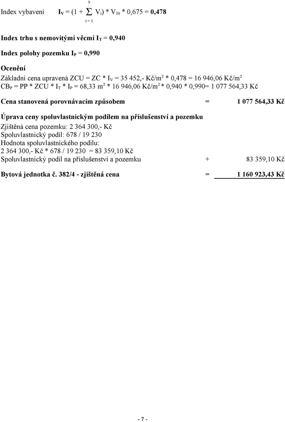 = 1 077 564,33 Kč Úprava ceny spoluvlastnickým podílem na příslušenství a pozemku Zjištěná cena pozemku: 2 364 300,- Kč Spoluvlastnický podíl: 678 / 19 230 Hodnota