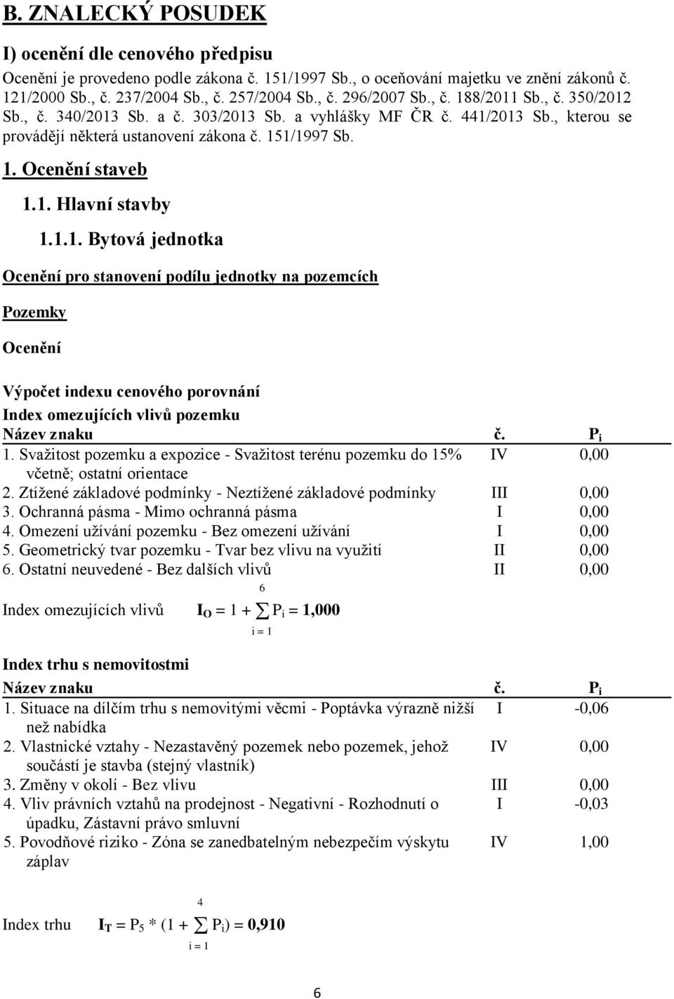 1.1. Bytová jednotka Ocenění pro stanovení podílu jednotky na pozemcích Pozemky Ocenění Výpočet indexu cenového porovnání Index omezujících vlivů pozemku Název znaku č. P i 1.