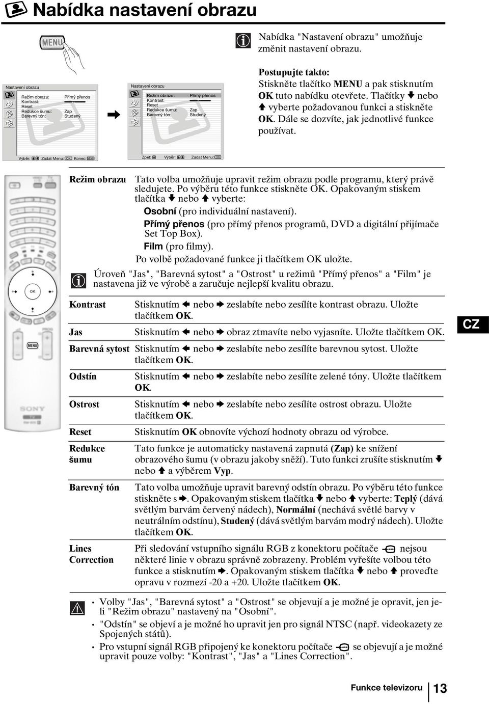 Stiskněte tlačítko MENU a pak stisknutím OK tuto nabídku otevřete. Tlačítky v nebo V vyberte požadovanou funkci a stiskněte OK. Dále se dozvíte, jak jednotlivé funkce používat.