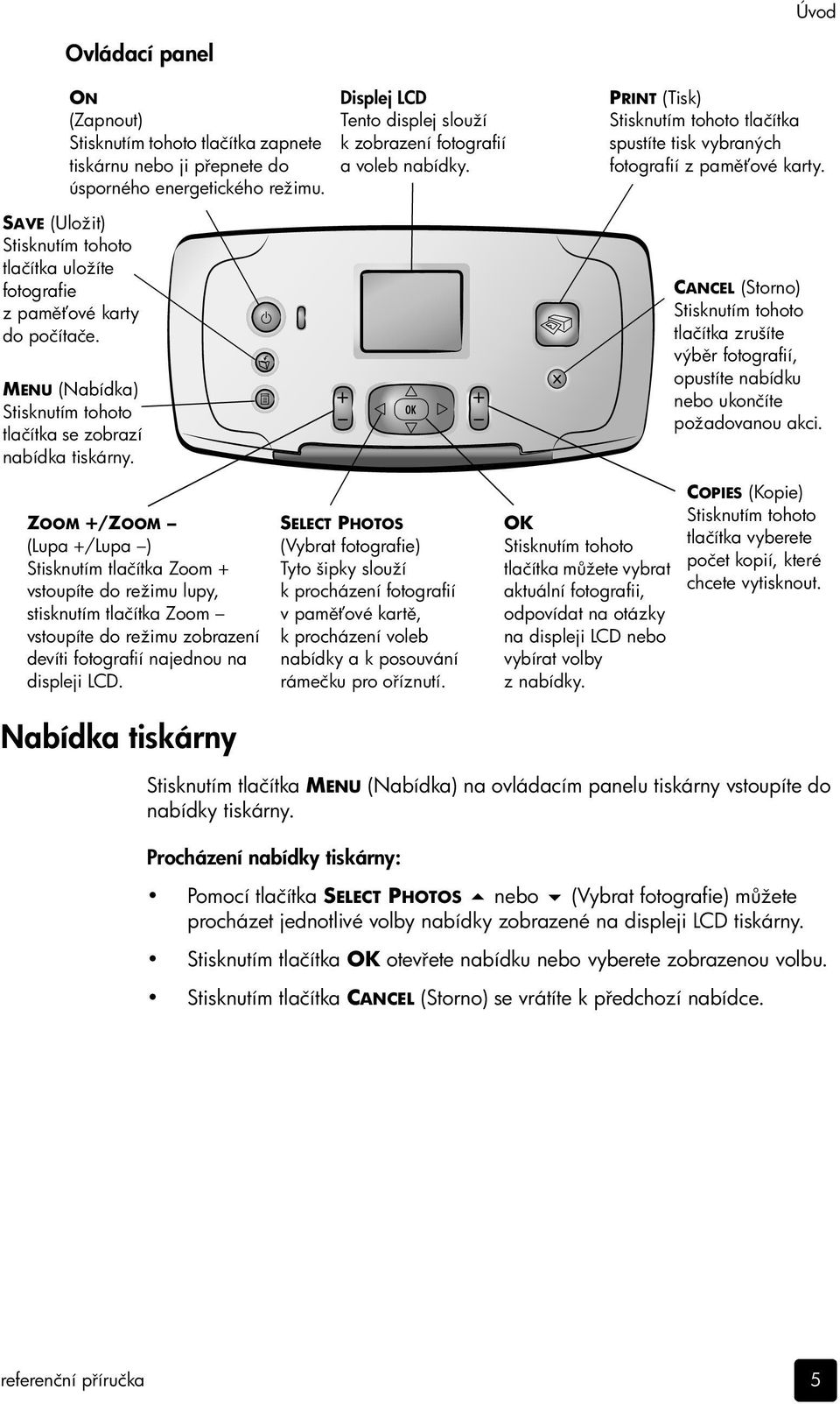 MENU (Nabídka) Stisknutím tohoto tlačítka se zobrazí nabídka tiskárny.