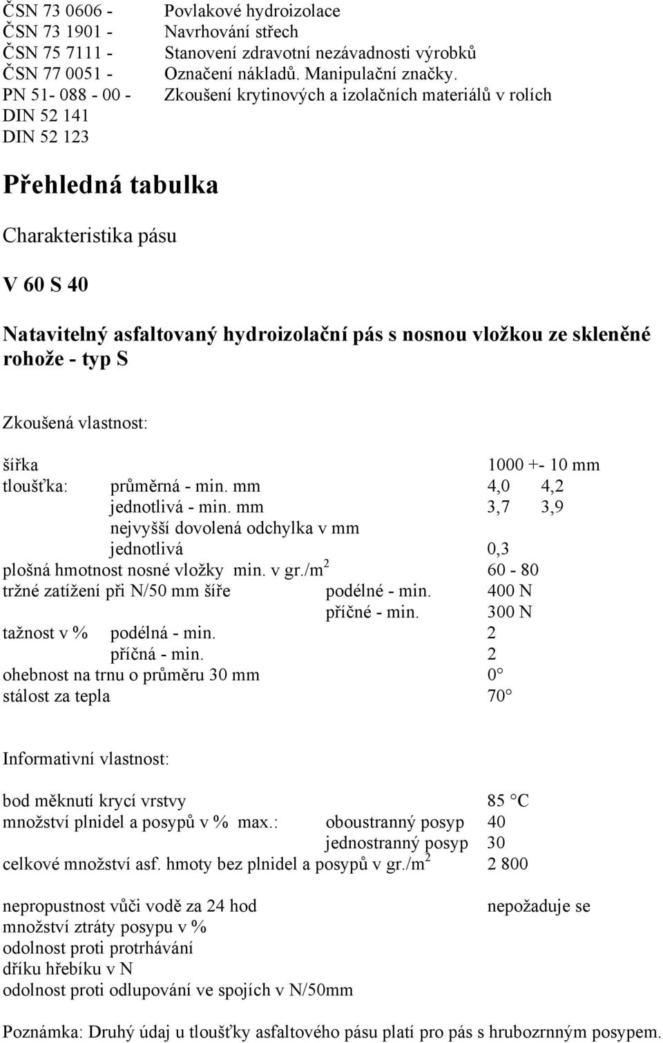 Zkoušení krytinových a izolačních materiálů v rolích Přehledná tabulka Charakteristika pásu V 60 S 40 Natavitelný asfaltovaný hydroizolační pás s nosnou vložkou ze skleněné rohože - typ S Zkoušená