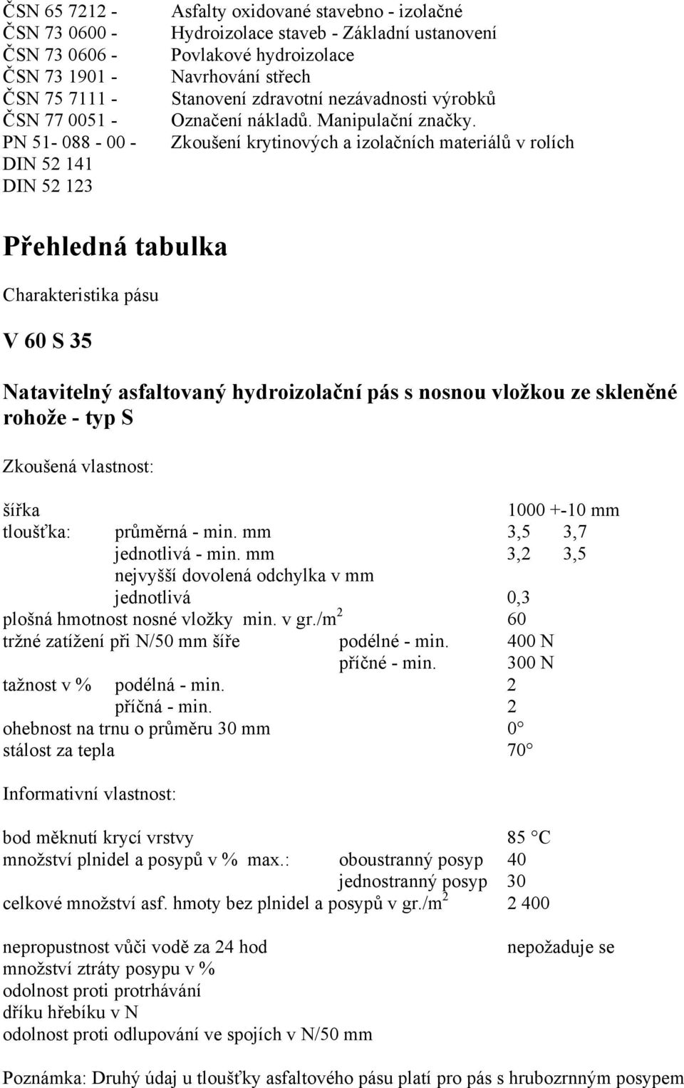 Zkoušení krytinových a izolačních materiálů v rolích Přehledná tabulka Charakteristika pásu V 60 S 35 Natavitelný asfaltovaný hydroizolační pás s nosnou vložkou ze skleněné rohože - typ S Zkoušená