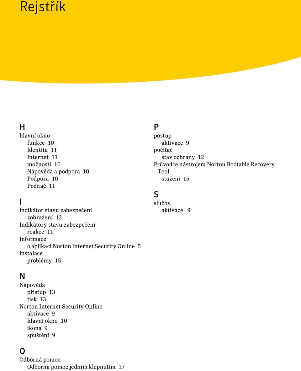 15 P postup aktivace 9 počítač stav ochrany 12 Průvodce nástrojem Norton Bootable Recovery Tool stažení 15 S služby aktivace 9 N Nápověda
