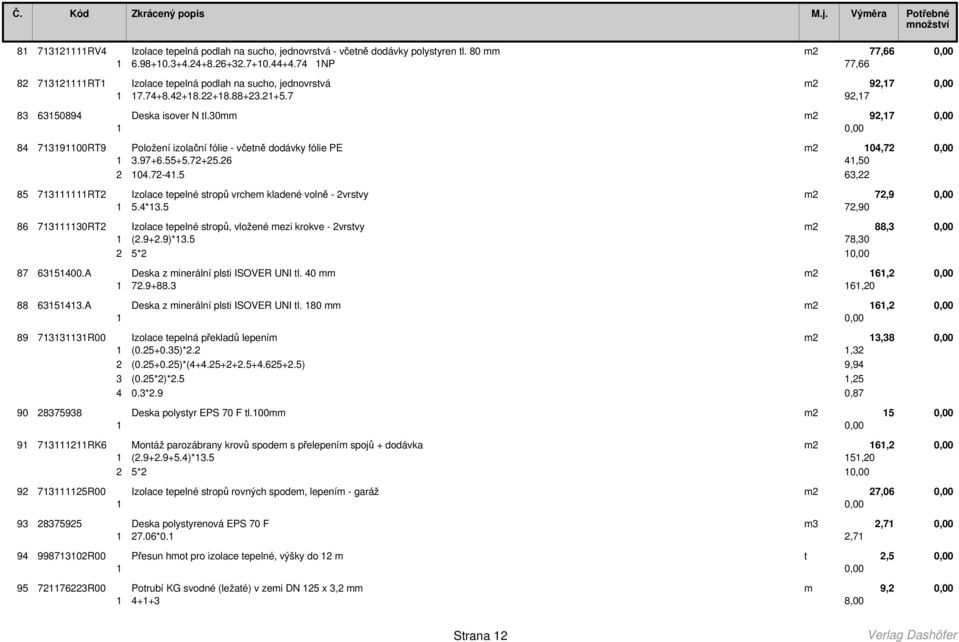 30mm m2 92,17 0,00 84 713191100RT9 Položení izolační fólie - včetně dodávky fólie PE m2 104,72 0,00 1 3.97+6.55+5.72+25.26 41,50 2 104.72-41.