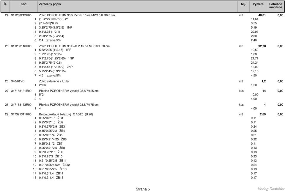 65) 1NP 21,71 4 9.25*2.75-(2*0.6) 24,24 5 9.1*2.45-(1*2.15*2) 2NP 18,00 6 5.75*2.45-(0.9*2.15) 12,15 7 4.5 rezerva 5% 4,50 26 340-01VD Zdivo skleněné z luxfer m2 1,2 0,00 1 2*0.