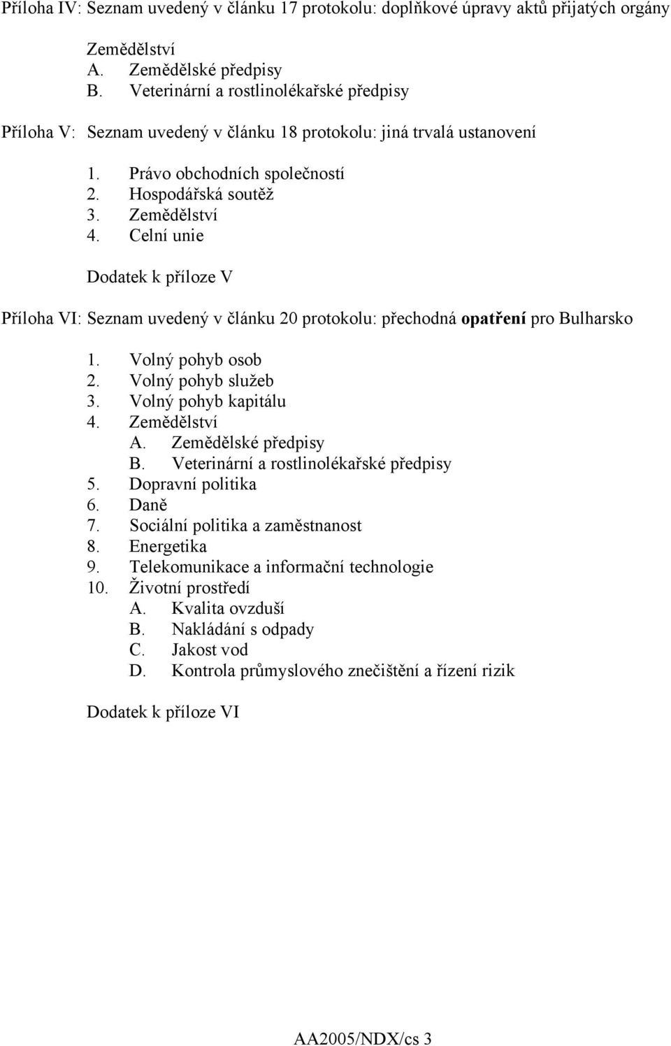 Celní unie Dodatek k příloze V Příloha VI: Seznam uvedený v článku 20 protokolu: přechodná opatření pro Bulharsko 1. Volný pohyb osob 2. Volný pohyb služeb 3. Volný pohyb kapitálu 4. Zemědělství A.