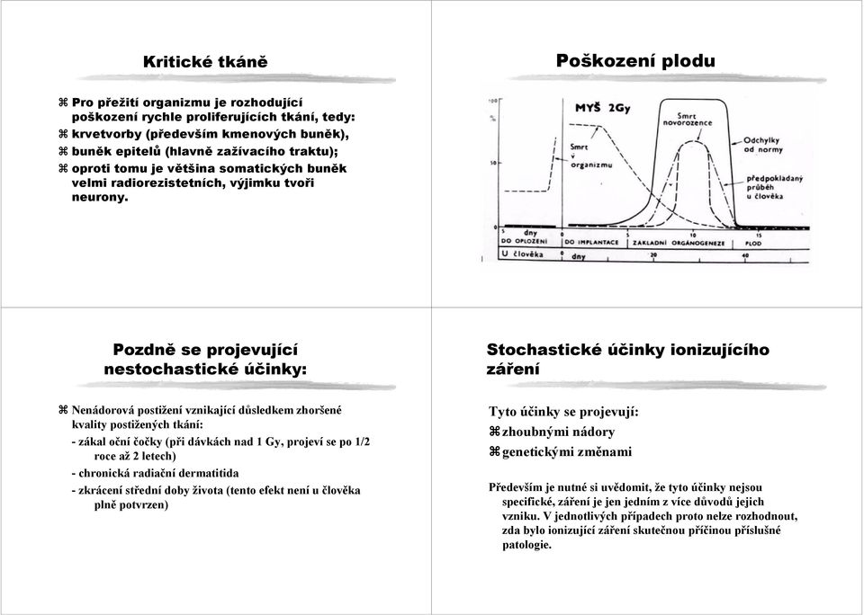 Pozdně se projevující nestochastické účinky: Stochastické účinky ionizujícího záření Nenádorová postižení vznikající důsledkem zhoršené kvality postižených tkání: - zákal oční čočky (při dávkách nad