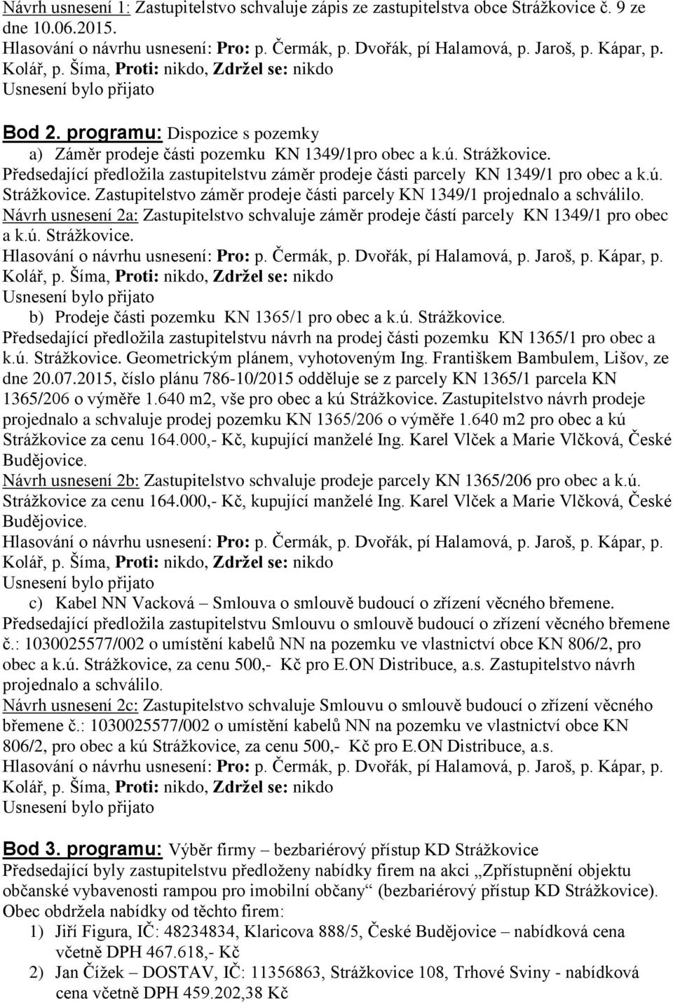 Návrh usnesení 2a: Zastupitelstvo schvaluje záměr prodeje částí parcely KN 1349/1 pro obec a k.ú. Strážkovice.