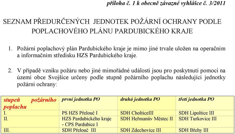 V případě vzniku požáru nebo jiné mimořádné události jsou pro poskytnutí pomoci na území obce Svojšice určeny podle stupně požárního poplachu následující jednotky požární ochrany: